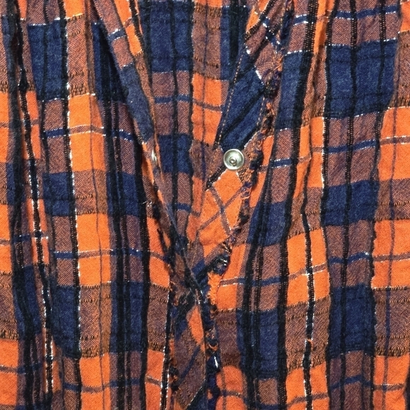 We The Free Orange Blue Plaid Button Snap Raw Hem Long Sleeve Oversized Top, XS - Picture 5 of 9